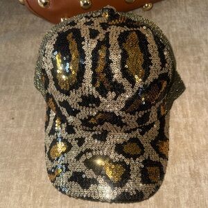 Sequin Leopard Print Baseball Cap in Gold & Black